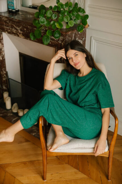 PYJAMA LONG COTON BIO PAILLETTES VERT 1