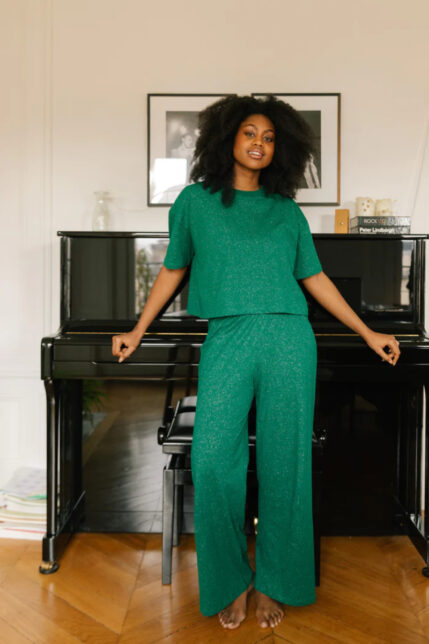 PYJAMA LONG COTON BIO PAILLETTES VERT devant